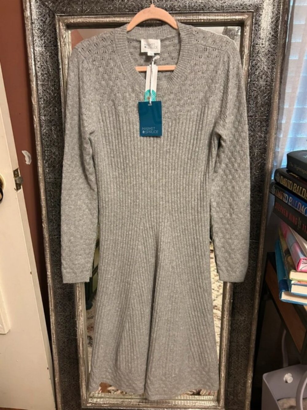 Market & Spruce Jenna Light Gray Pointelle Ribbed Sweater Dress – Size Large – N